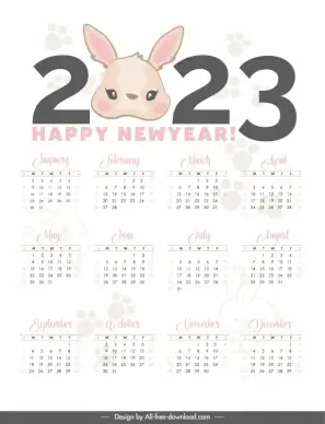 calendar 2023 template cute cartoon bunny sketch paws decor