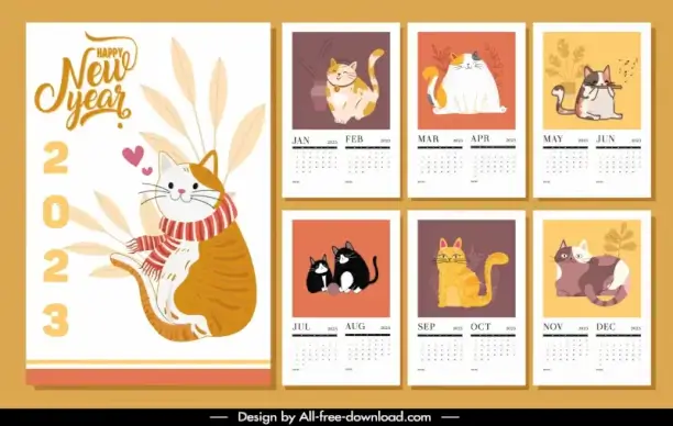 calendar 2023 template cute classic handdrawn cats species sketch