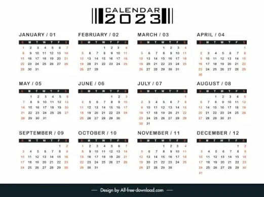 calendar 2023 template flat black white simple plain design