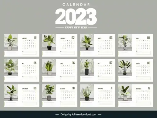 calendar 2023 template green while decor houseplants sketch