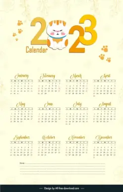 calendar 2023 template handdrawn flowers cute kitty paws outline