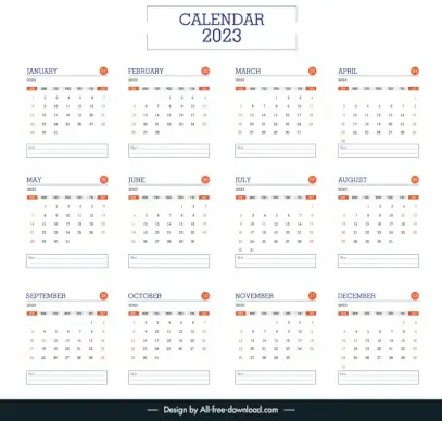calendar 2023 template modern elegant flat simple text box decor