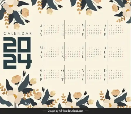 calendar 2024  template elegant classical flowers