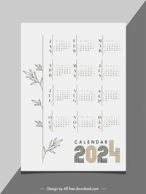 calendar 2024 template flat handdrawn leaves