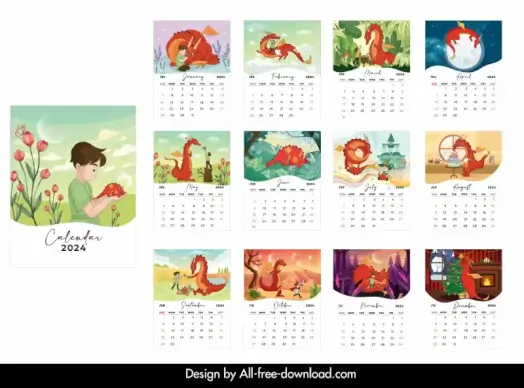calendar 2024 templates collection dragon cartoon characters