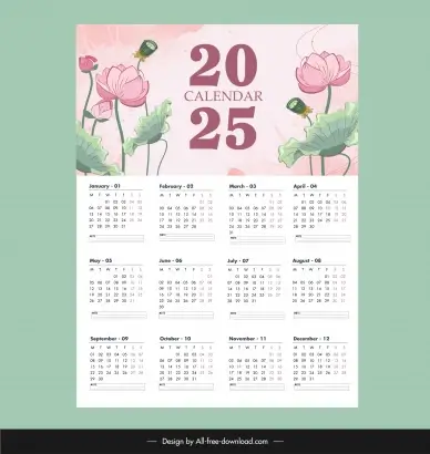 calendar 2025 template elegant classic lotus flowers