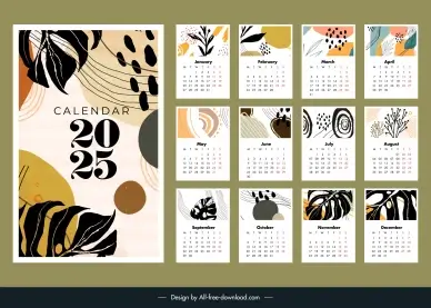 calendar 2025 template handdrawn leaves