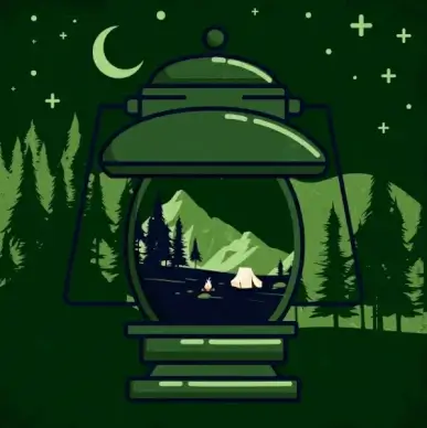 camping background green design lamp tent mountain icons