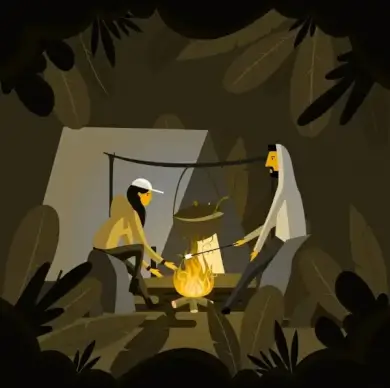 camping background people fire icons cartoon design