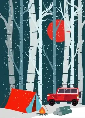 camping background tent car icons snowy jungle backdrop
