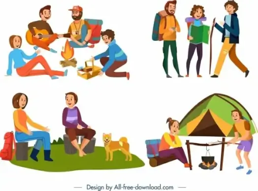 camping icons people activities design colored cartoon characters