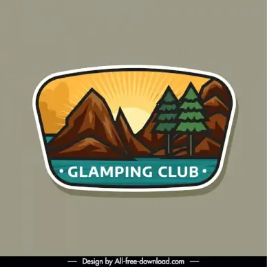 camping  label template flat classical mountain tree sun scene 
