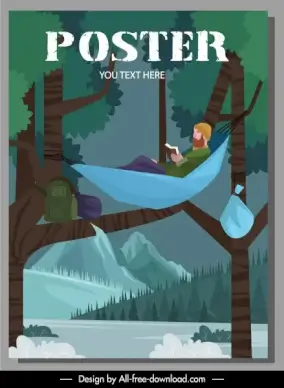camping poster tourist hammock sketch cartoon design