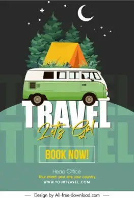 camping travel poster classic bus tent moon sketch