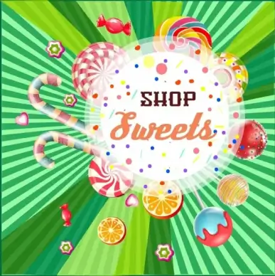 candy shop advertisement colorful shiny design rays decor