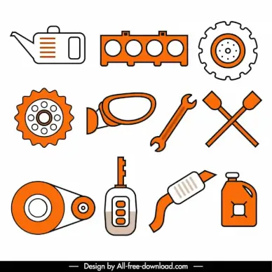 car parts icons flat classical outline 