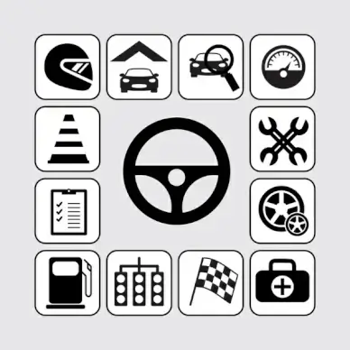 car racing icons isolated with black and white