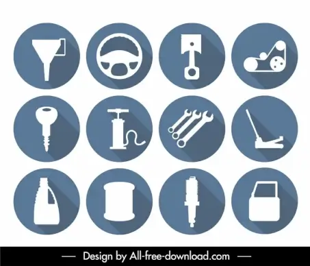 car service parts icons flat silhouette symbols sketch circle isolation