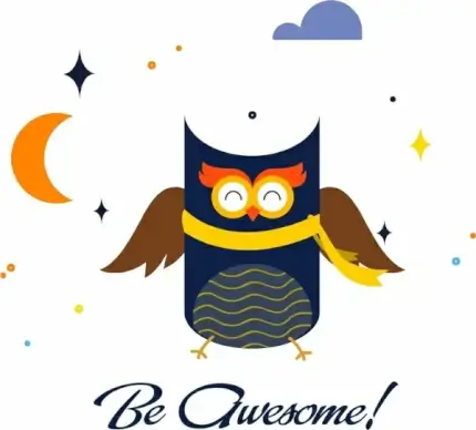 card design template owl icon colorful cartoon sketch