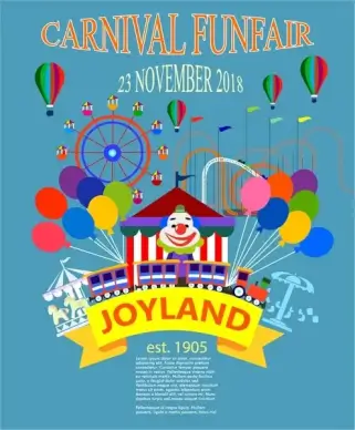 carnival funfair poster with clown and balloons illustration