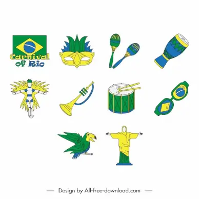 carnival of rio icon sets flat handdrawn symbols brazil flag colors decor