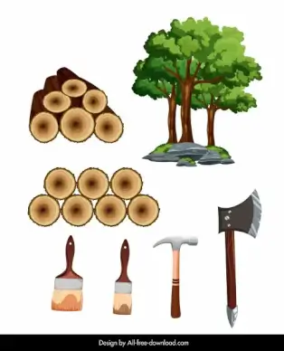 carpentry work design elements tree log tools sketch