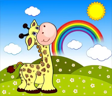 cartoon landscape with giraffe and rainbow