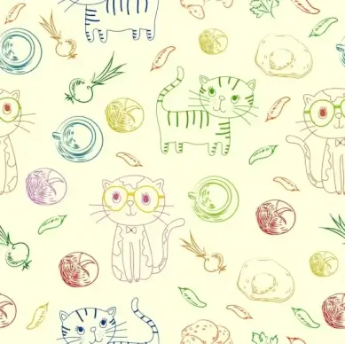 cats background multicolored handdrawn food icons repeating design