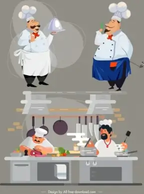 chef career icons cartoon characters sketch