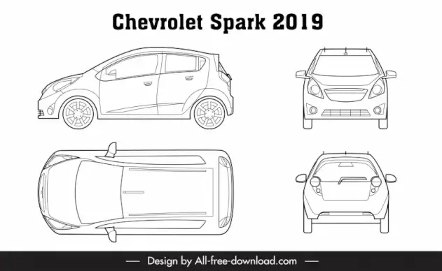 chevrolet spark 2019 car model template flat black white handdrawn different views outline