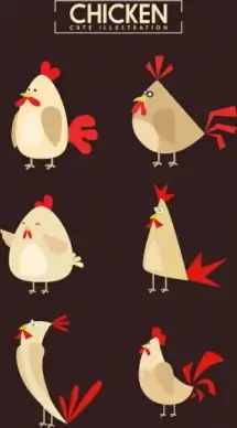 chicken icons collection colored cartoon design various character