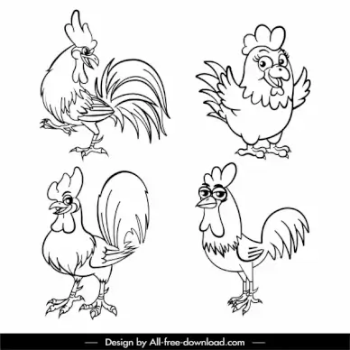 chicken icons funny sketch black white handdrawn design