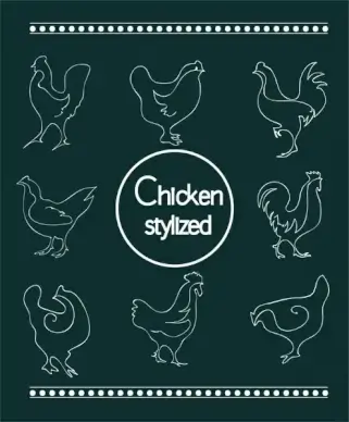 chicken stylized collection in sketch style