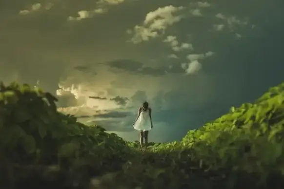 child cloud cloudy dark evening fog forest girl