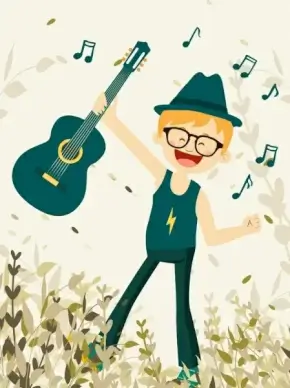 childhood background joyful boy guitar music notes icons