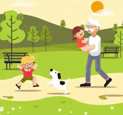 childhood background joyful children grandfather icons cartoon design