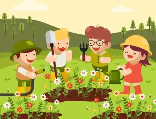 childhood background joyful kids gardening theme cartoon design