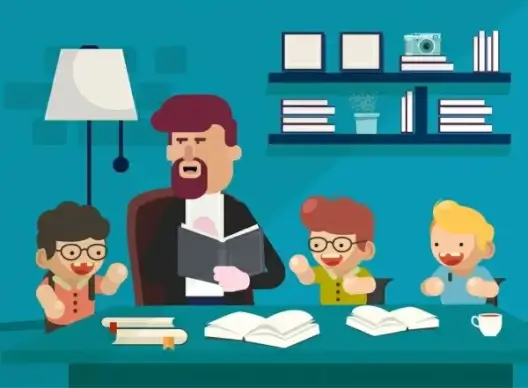 childhood background teacher studying boys icons cartoon characters