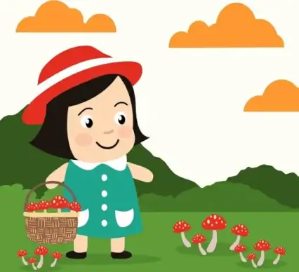 childhood cartoon background cute girl icon mushroom collection