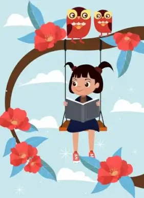 childhood drawing cute girl swing owls icons
