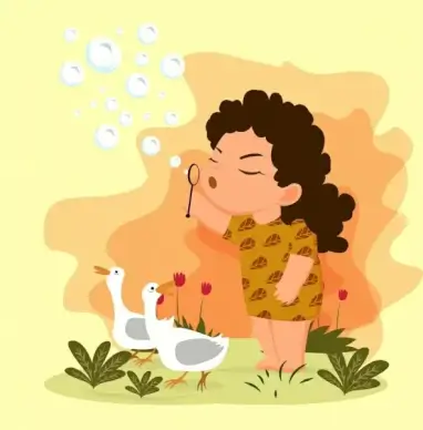 childhood drawing playful girl ducks icons