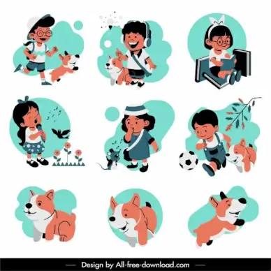 childhood icons cute kids puppies sketch cartoon design