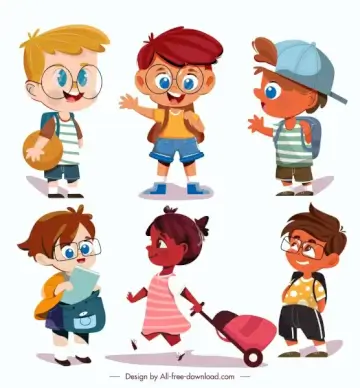 childhood icons cute kids sketch cartoon characters