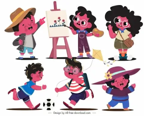 childhood icons joyful kids sketch cartoon characters