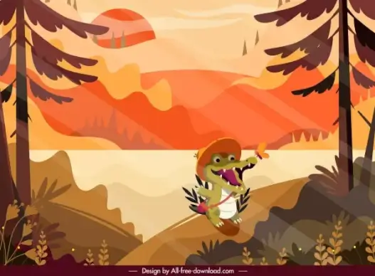 childhood painting stylized crocodile lake scenery cartoon design