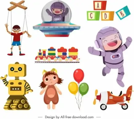 childhood toys icons cute colorful sketch