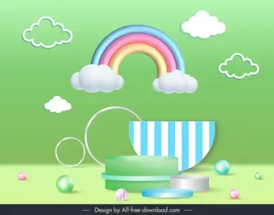 children backdrop template 3d podium geometry rainbow clouds