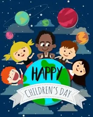 children day banner kids planets globe icons decoration