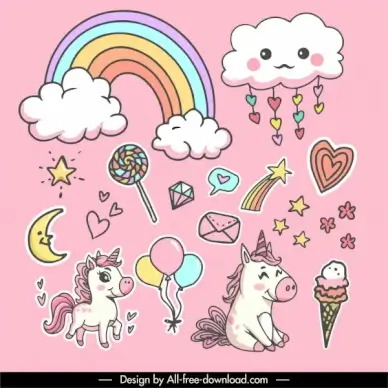children decor elements cute colorful handdrawn symbols