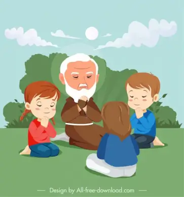children praying with saint padre pio painting backdrop cute cartoon design 
